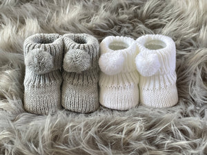 White Knitted Newborn Baby Booties With Pom Pom