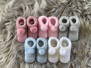 Grey Knitted Newborn Baby Booties With Pom Pom