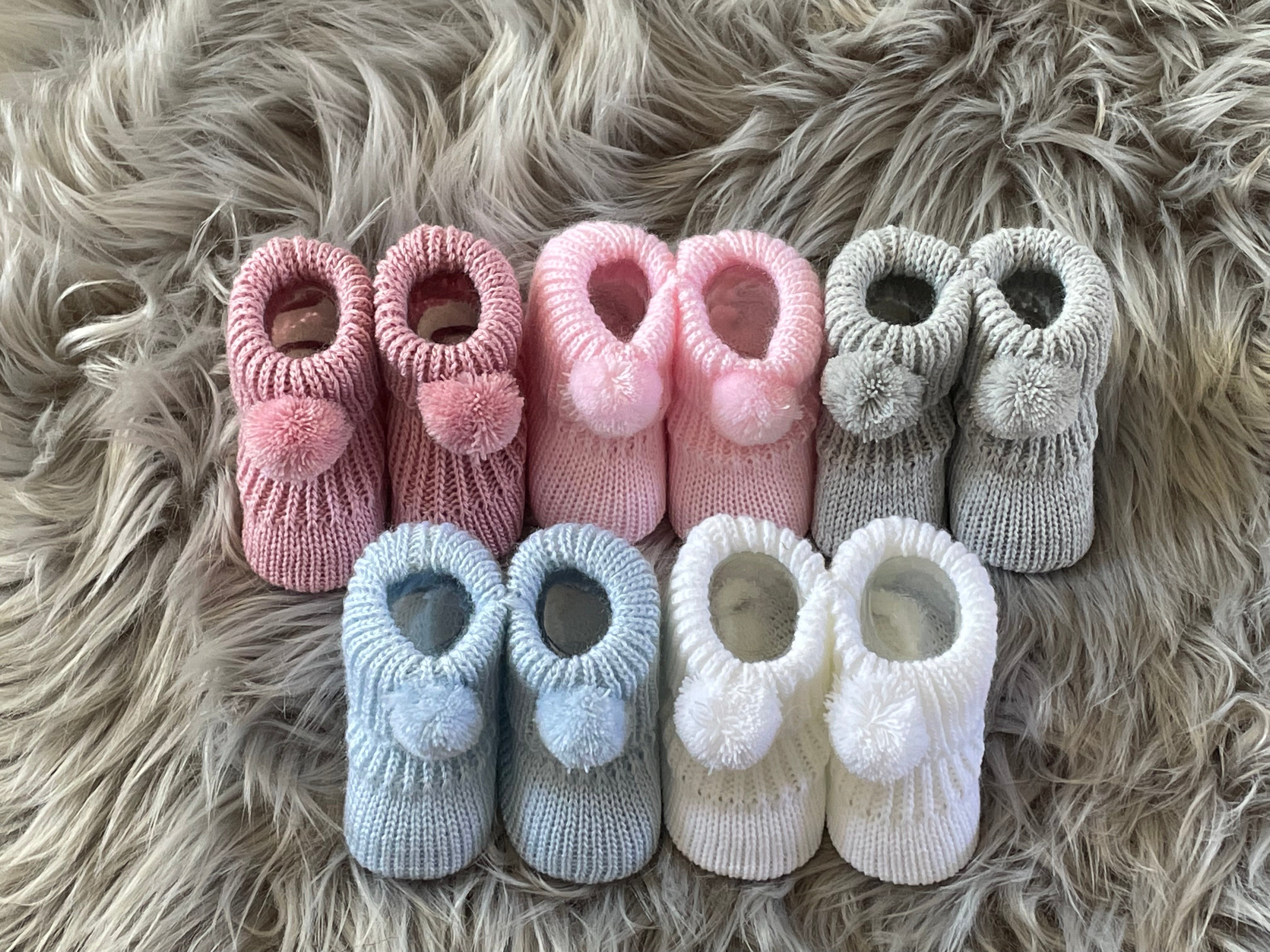 Rose Pink Knitted Newborn Baby Booties With Pom Pom