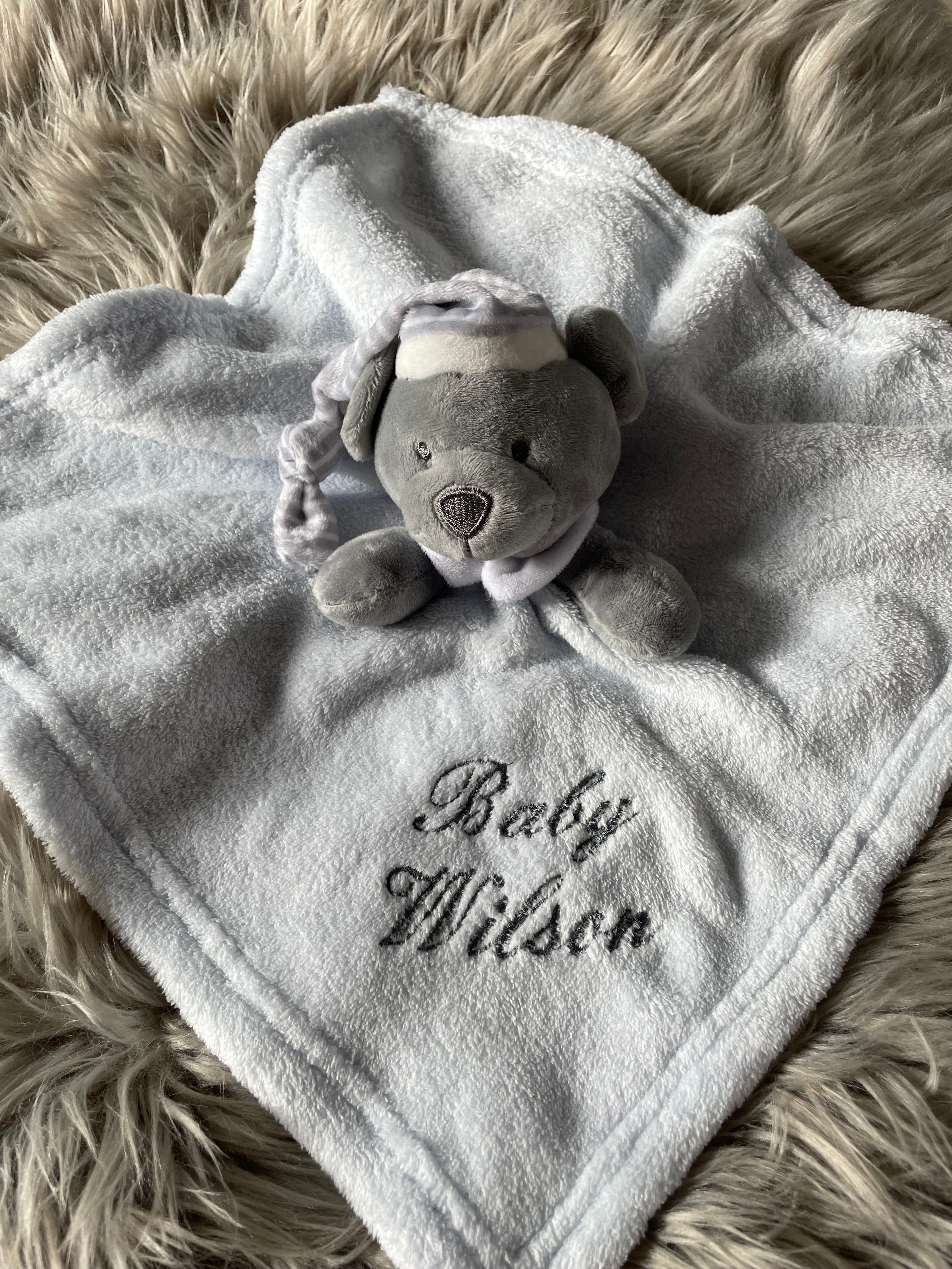 Embroidered Blue & Grey Baby Bear Comforter  Edit alt text