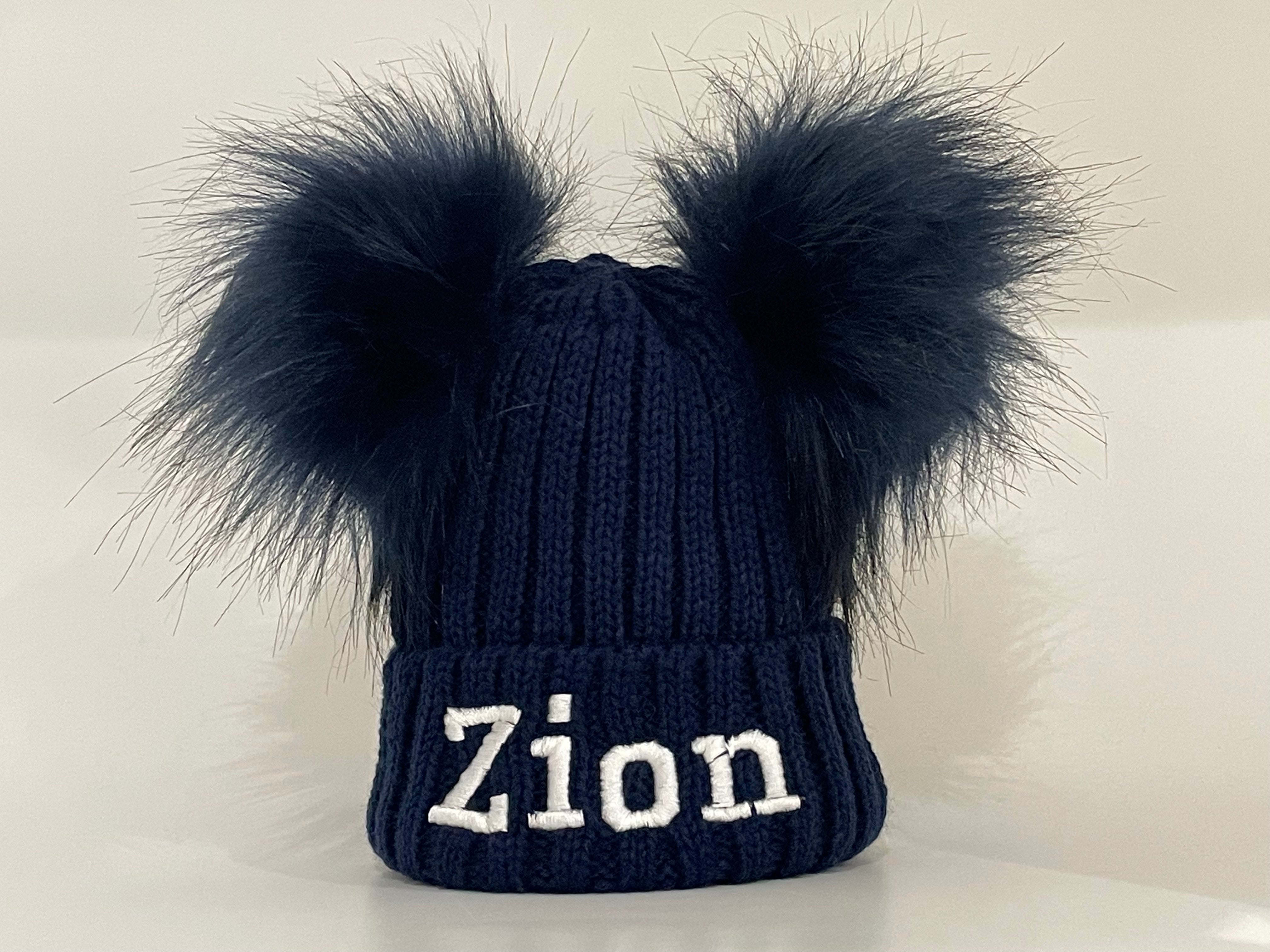 Navy Blue Embroidered Double Pom Pom Knitted Baby Hat