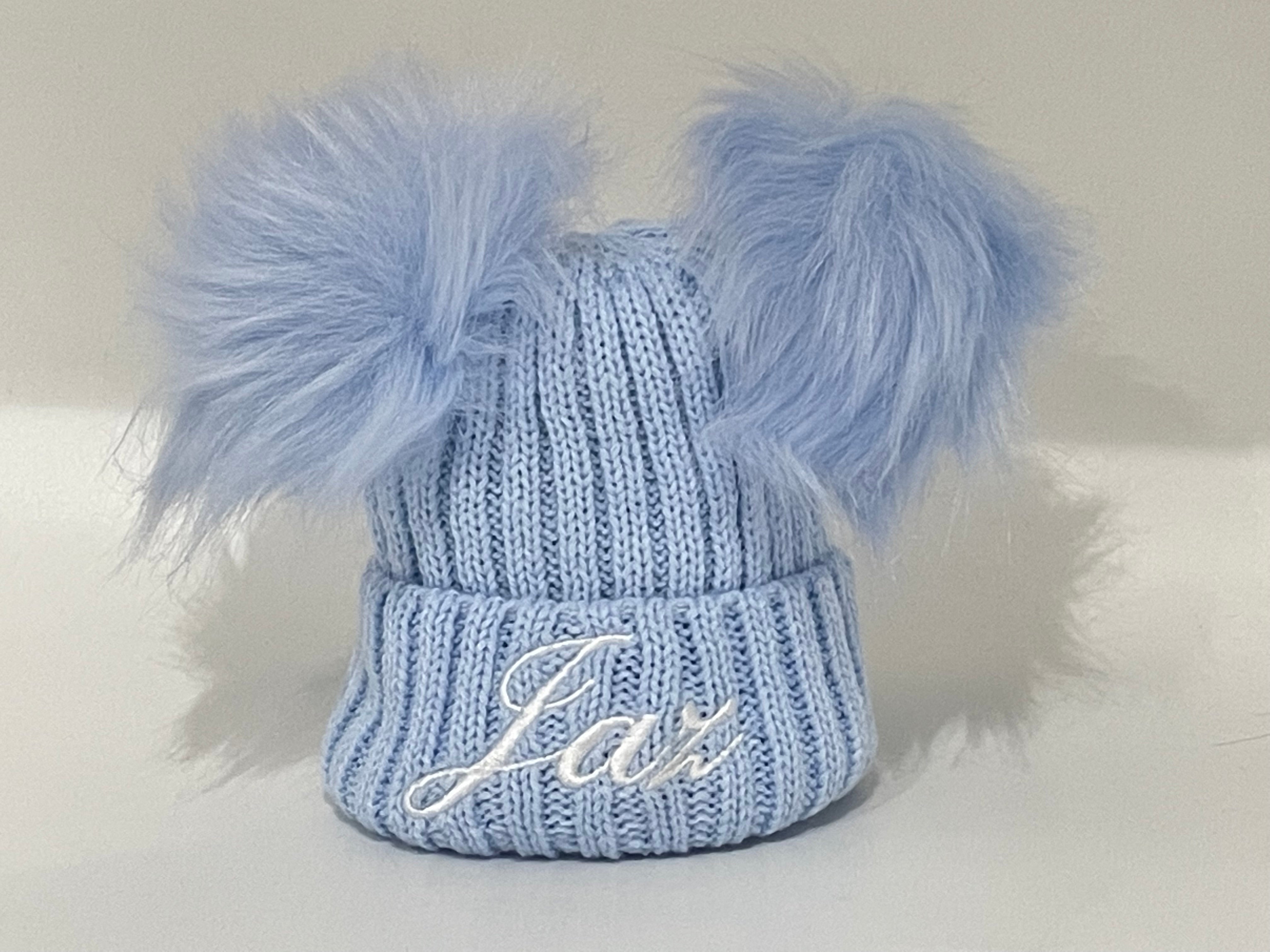 Baby Blue Embroidered Double Pom Pom Knitted Baby Hat