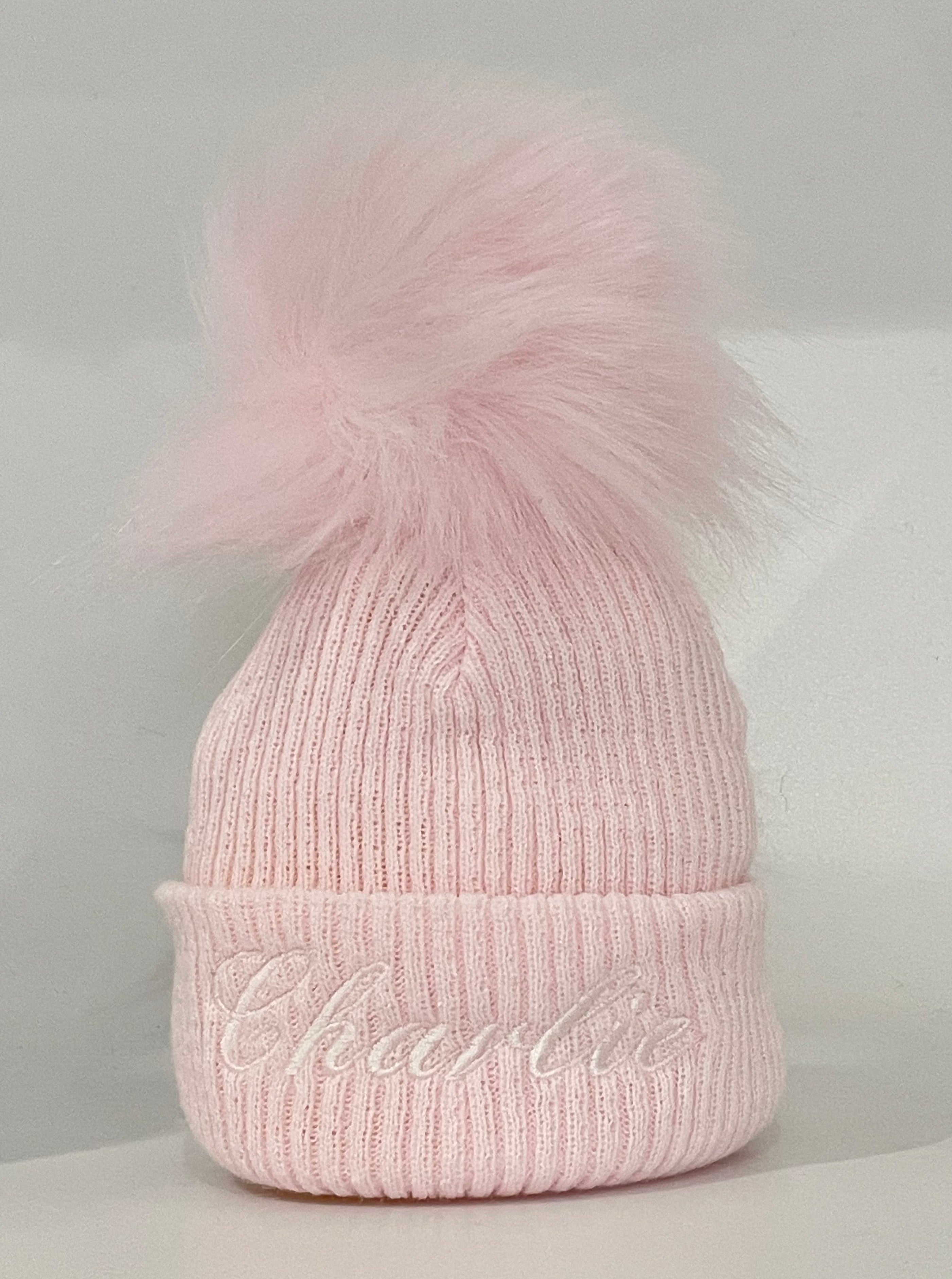 Baby pink personalised pom pom hat