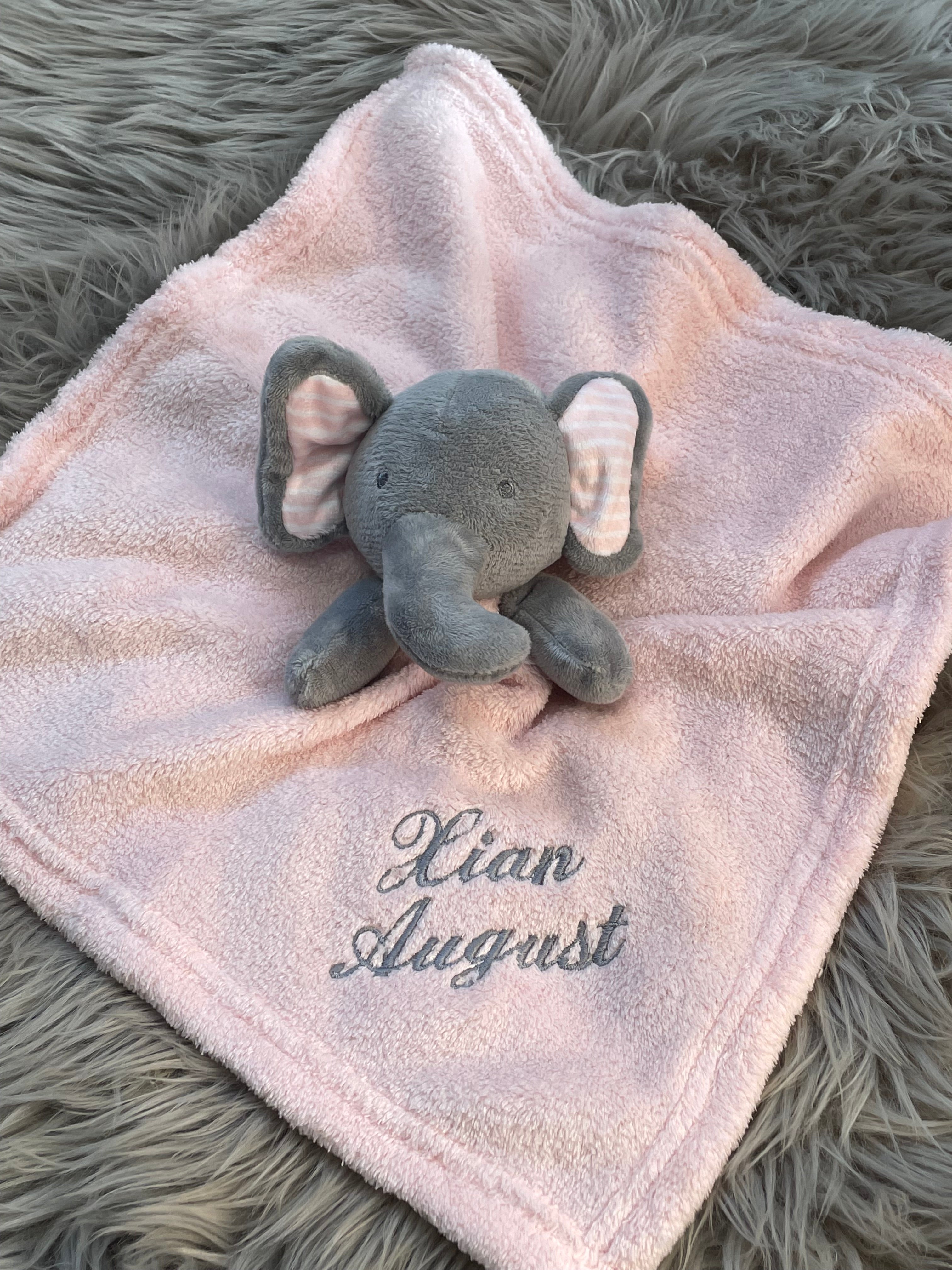 Embroidered Pink & Grey Baby Elephant Comforter