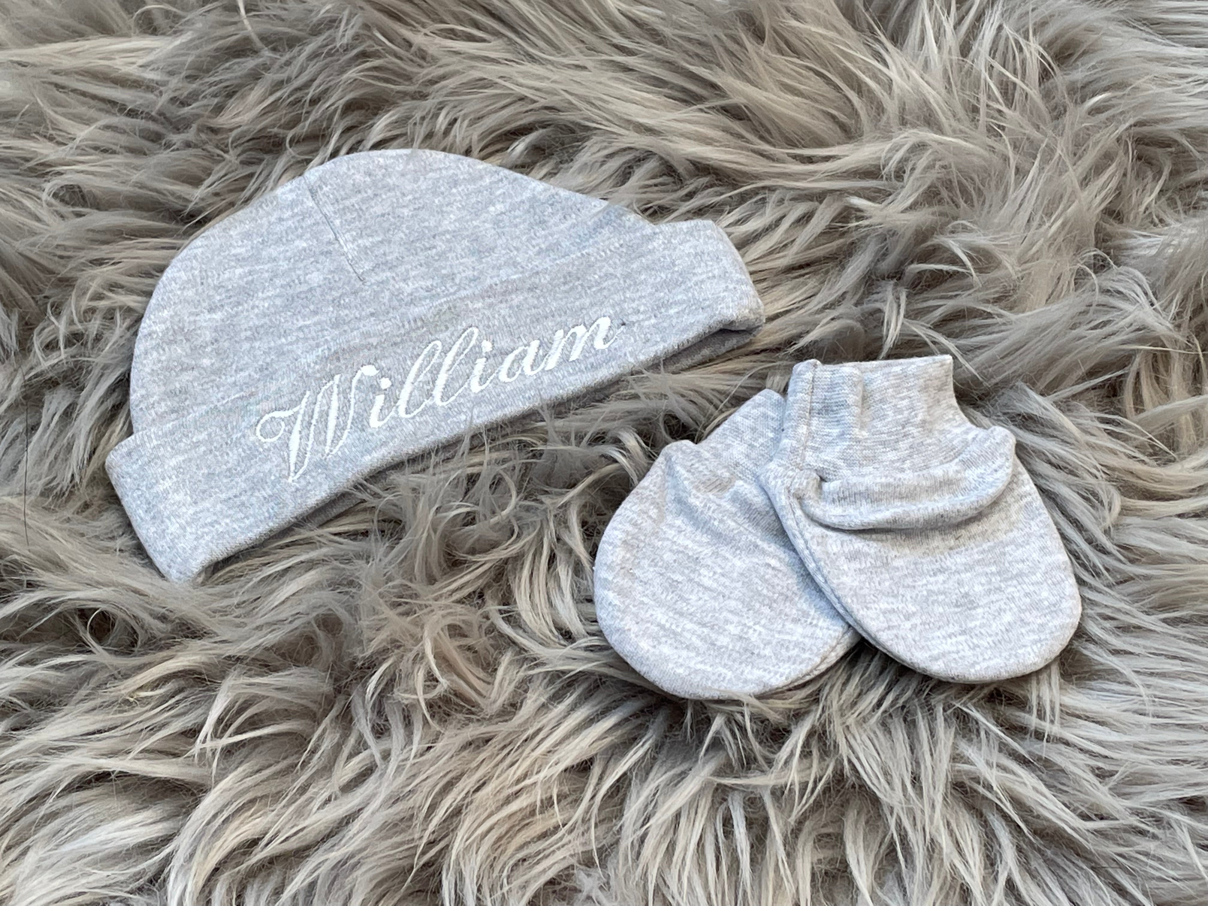 Embroidered Newborn Baby Hat & Scratch Mitts Gift Set