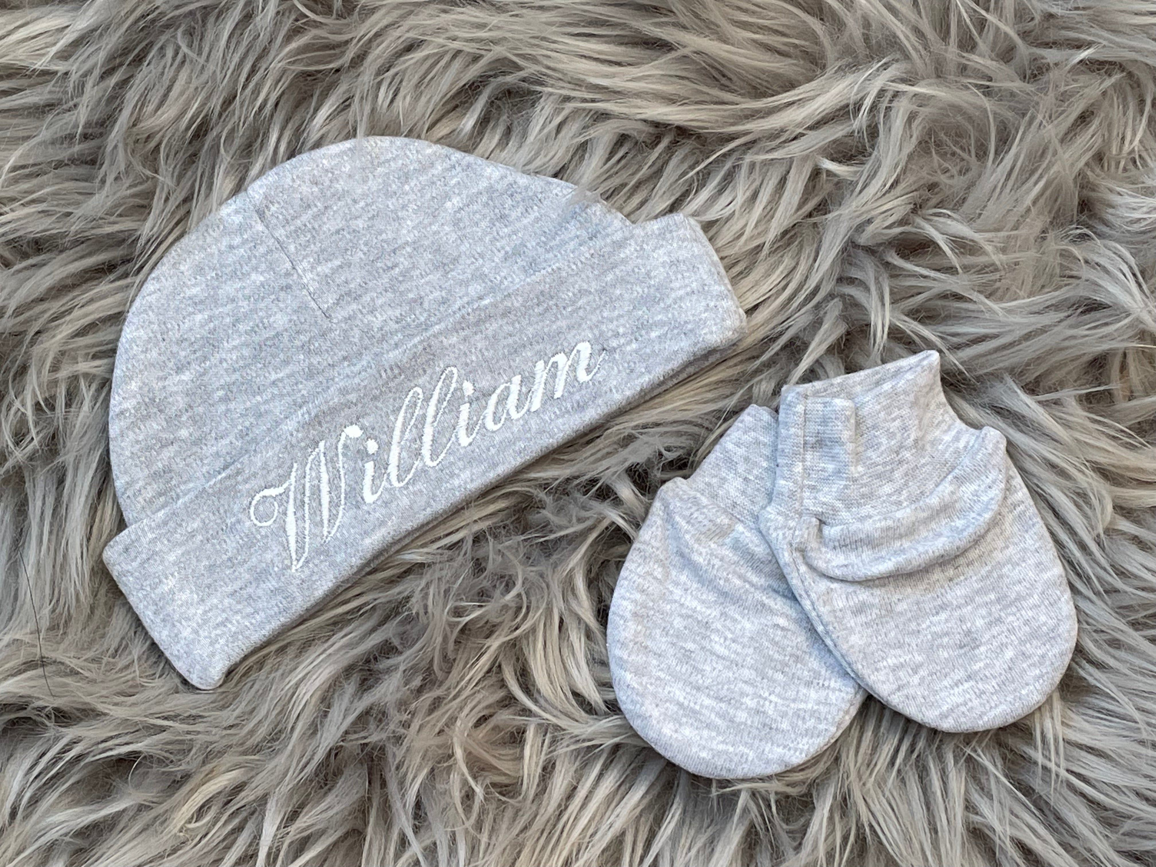Embroidered Newborn Baby Hat & Scratch Mitts Gift Set