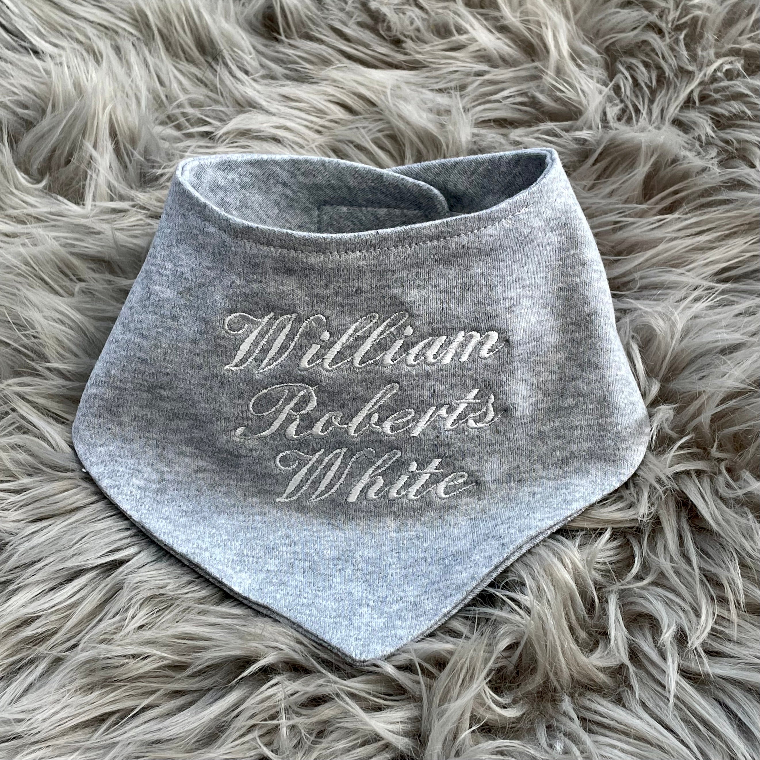 personalised embroidered grey bandana baby bib
