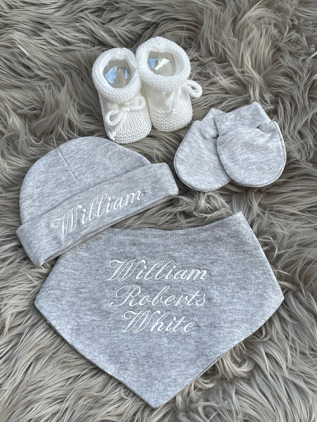 neutral grey embroidered newborn baby gift set