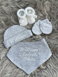neutral grey embroidered newborn baby gift set