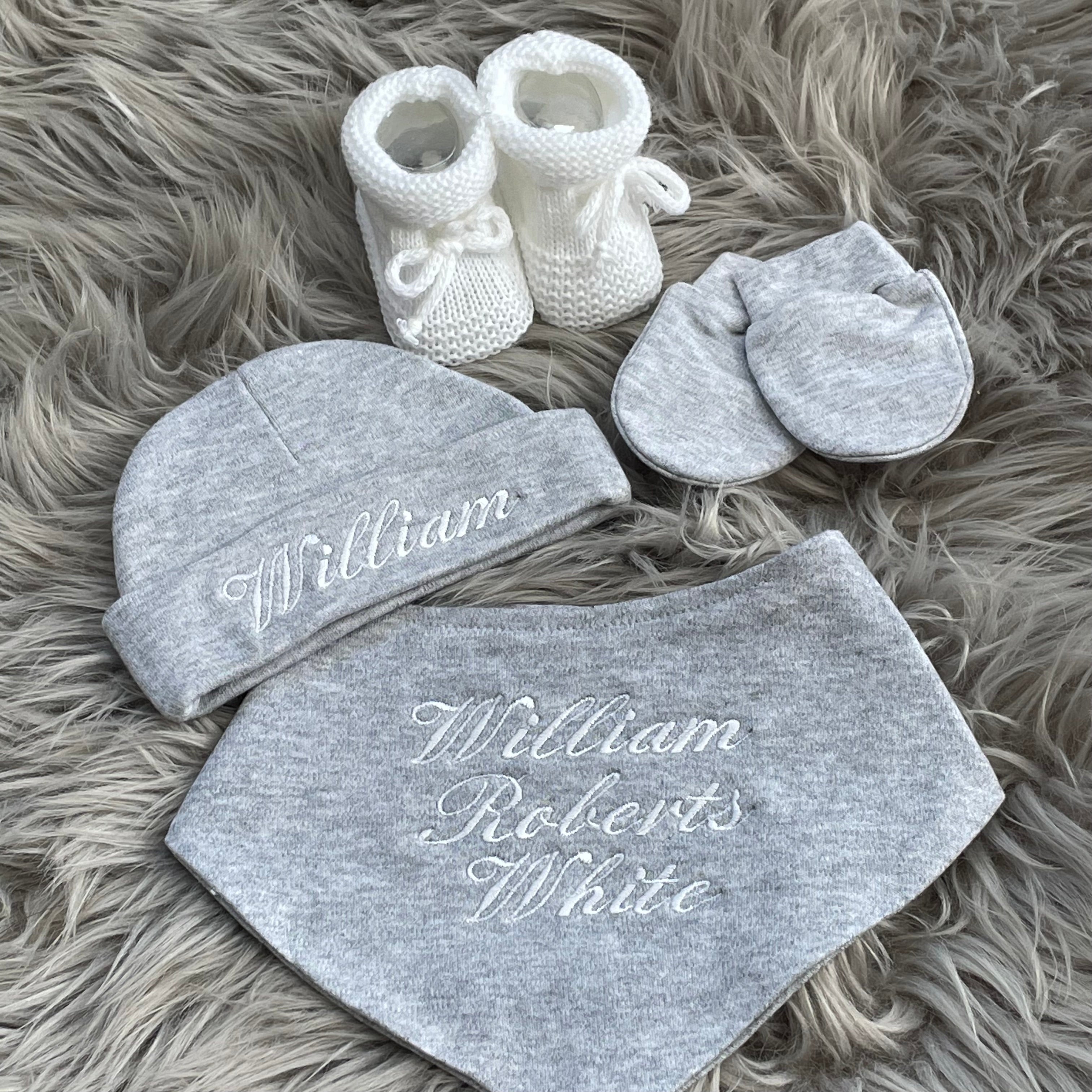 embroidered baby bib boots and hat set