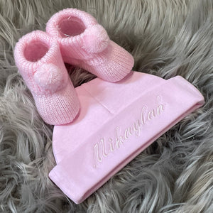pink baby girl booties and hat