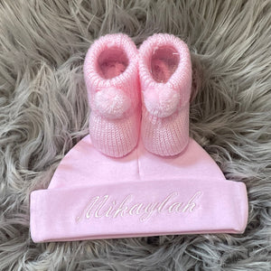 Baby Pink personalised hat and knitted booties