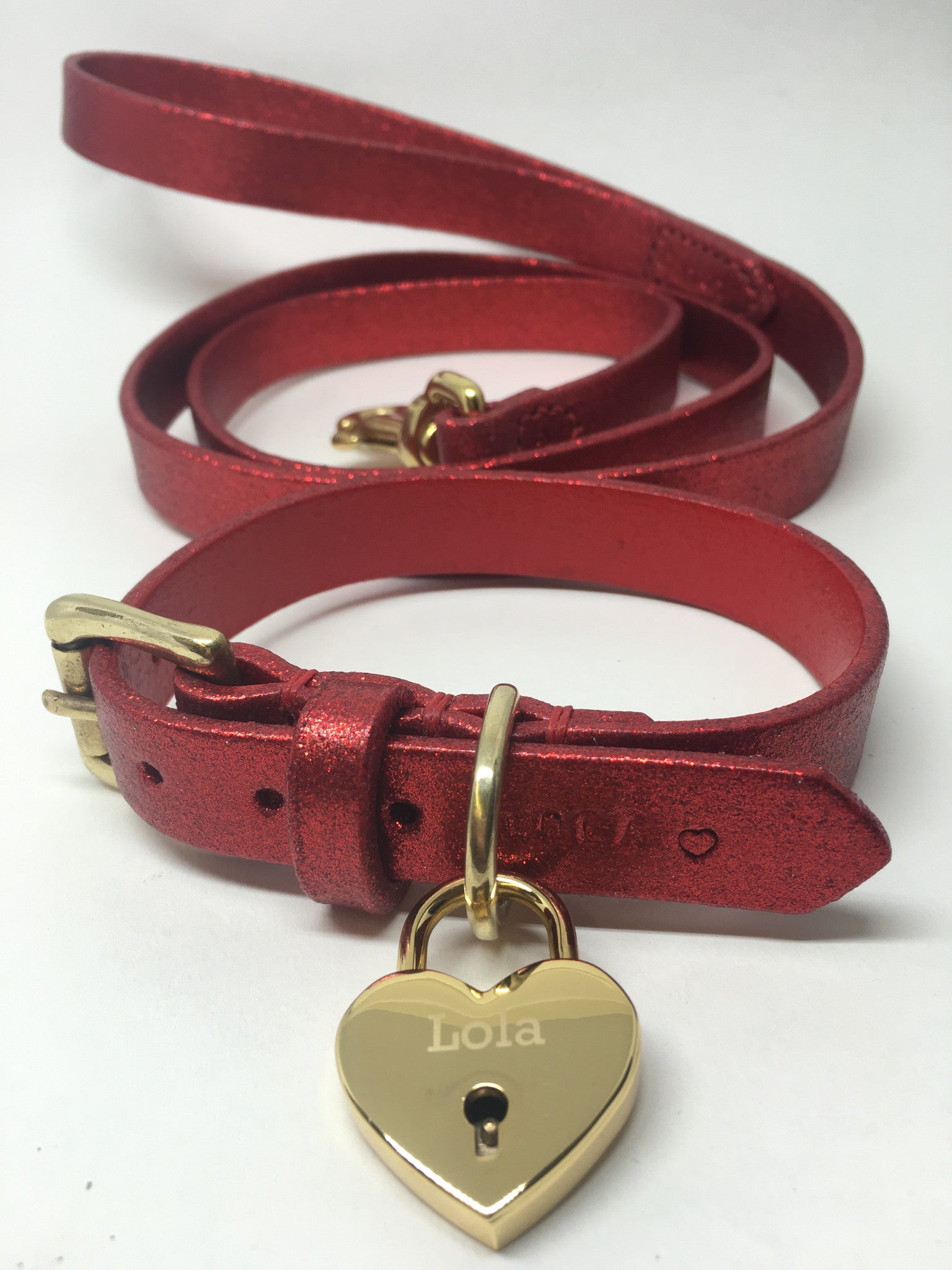 Red Glitter Leather Dog Collar and Lead Set