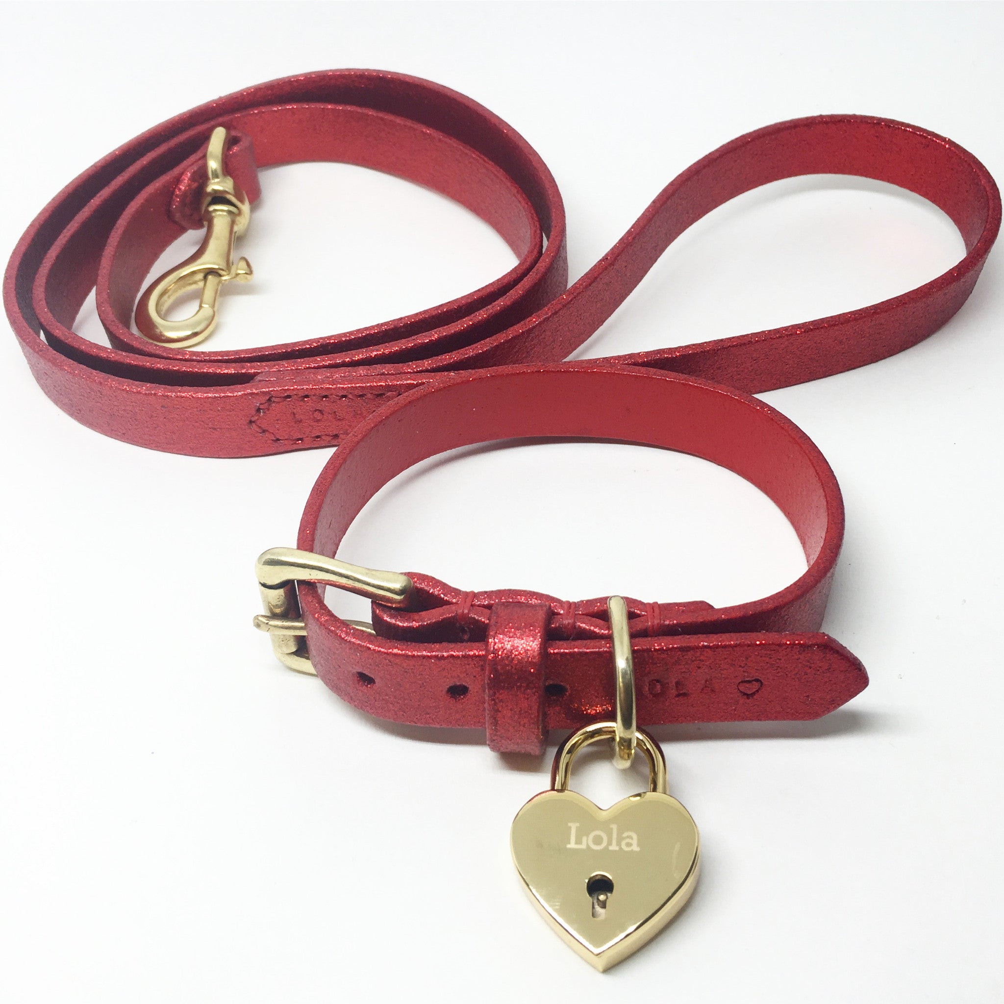 Red Glitter Leather Dog Collar and Lead Set