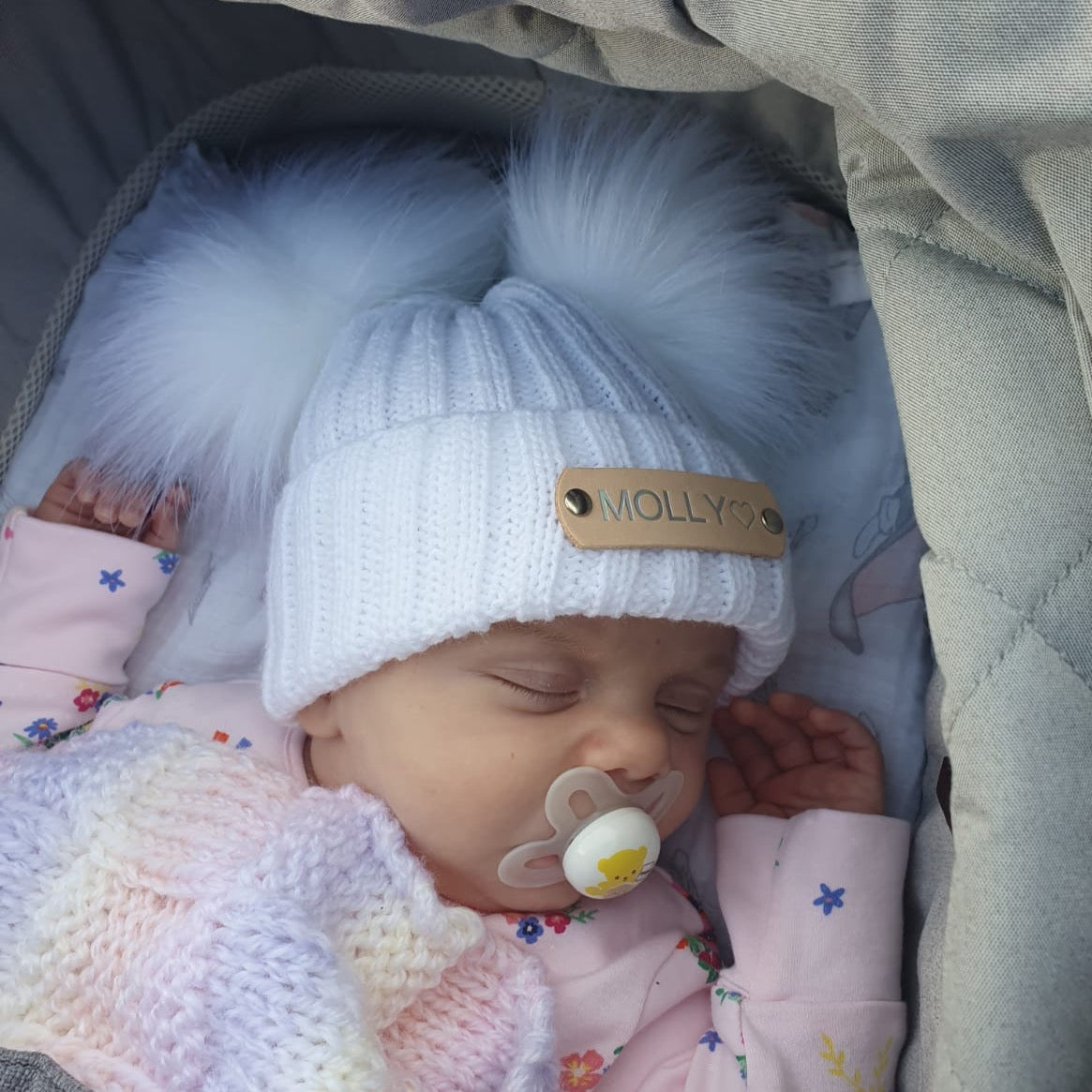 Double Pom Pom White Knitted Baby Hat – Broughton Co