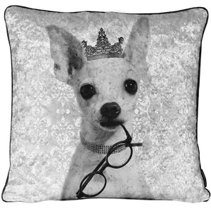 Black And White Filled Crushed Velvet Cushion - Chihuahua