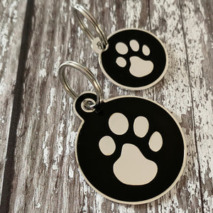 black enamel and silver paw print dog tag