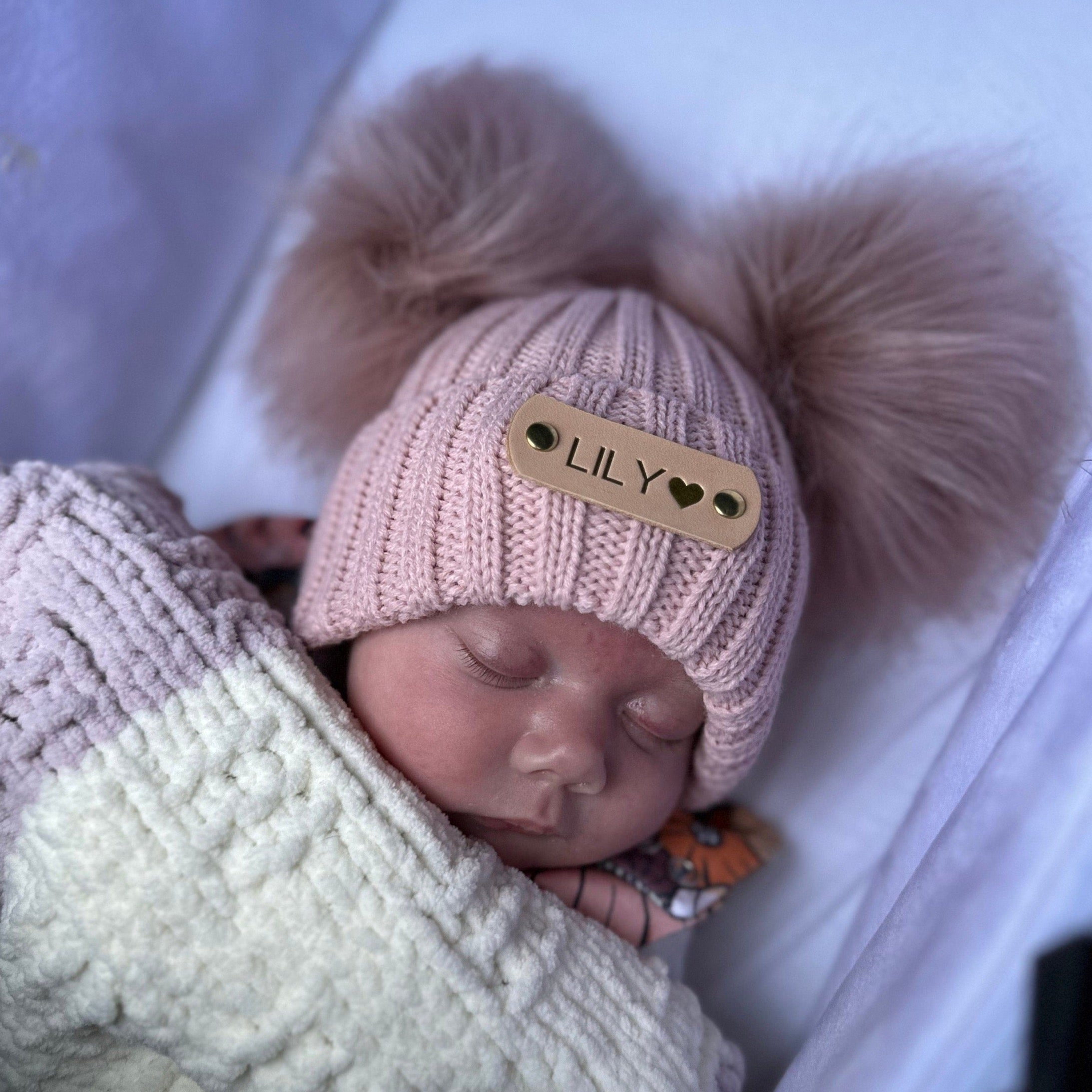 Personalised Rose Gold Double Pom Pom Knitted Hat